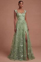Green Corset Long A Line Appliqued Tulle Prom Dress with Slit