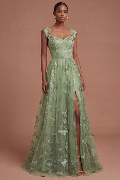 Green Corset Long A Line Appliqued Tulle Prom Dress with Slit