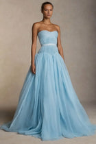 Oknass White Chiffon Strapless Sleeveless High Waist Long Prom Dress With Pleated Baby Blue-US18W