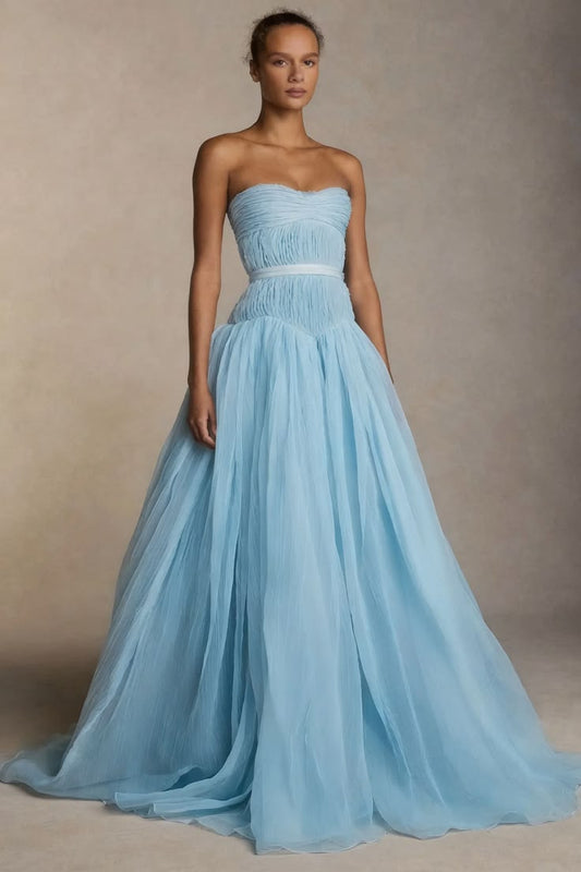 Oknass White Chiffon Strapless Sleeveless High Waist Long Prom Dress With Pleated Baby Blue-US18W