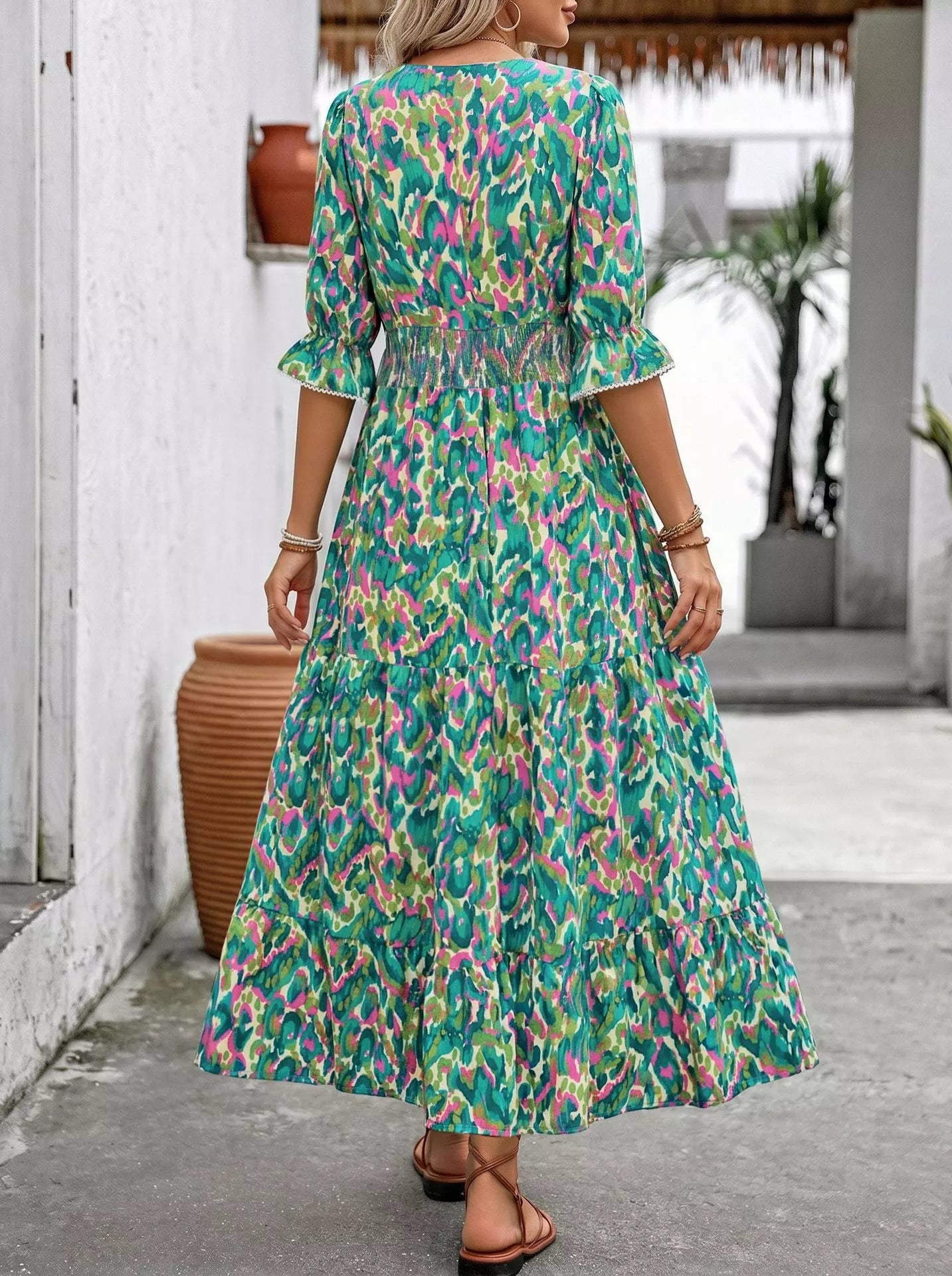 Neck Flounce Sleeve Dress Margot Printed V-Neck Tiered Dress