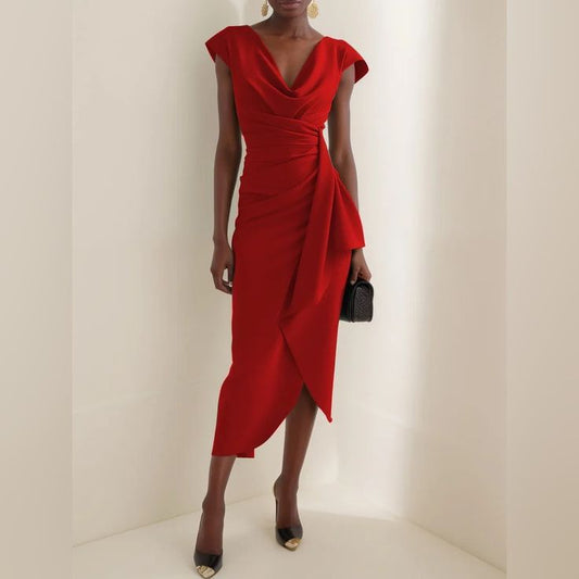 Fehaute Dresses | Fehaute Cowl Neck Ruched Cap Sleeve Sheath Midi Dress | Color: Red | Size: 2