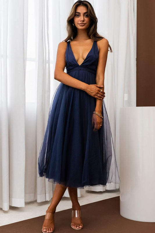 Evangeline Mesh Overlay Midi Dress in Navy