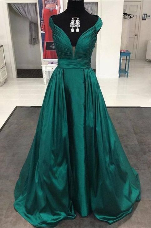 Dark Green Deep V-neck Long Prom Dresses,Simple Evening Dresses,Handmade Plus Size Cheap Prom Gowns,Long Prom Dress