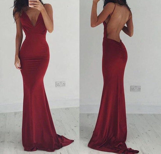 Bridelily Burgundy Spaghettis-Straps Backless Sheath Prom Dresses