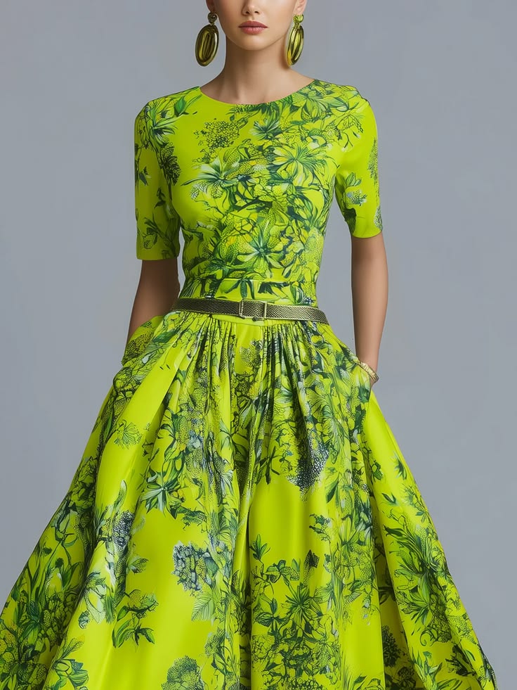 Stylewe Women Lime Green Floral Print Maxi Dress with Pockets, Round Neck Short Sleeve, Belted Waist, Formal & Wedding G