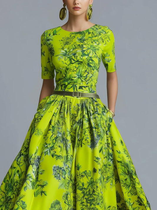 Stylewe Women Lime Green Floral Print Maxi Dress with Pockets, Round Neck Short Sleeve, Belted Waist, Formal & Wedding G