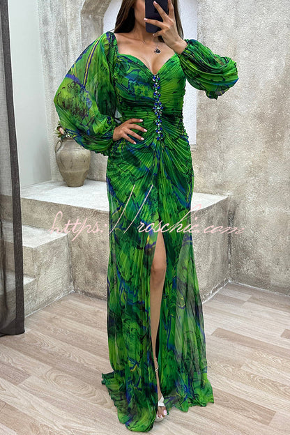 Blue Sunset Serenade Printed Off Shoulder Diamond Embellished Pleated Slit Maxi Dress