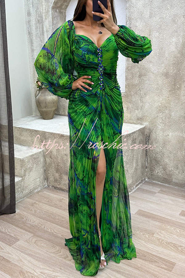 Yellow Sunset Serenade Printed Off Shoulder Diamond Embellished Pleated Slit Maxi Dress