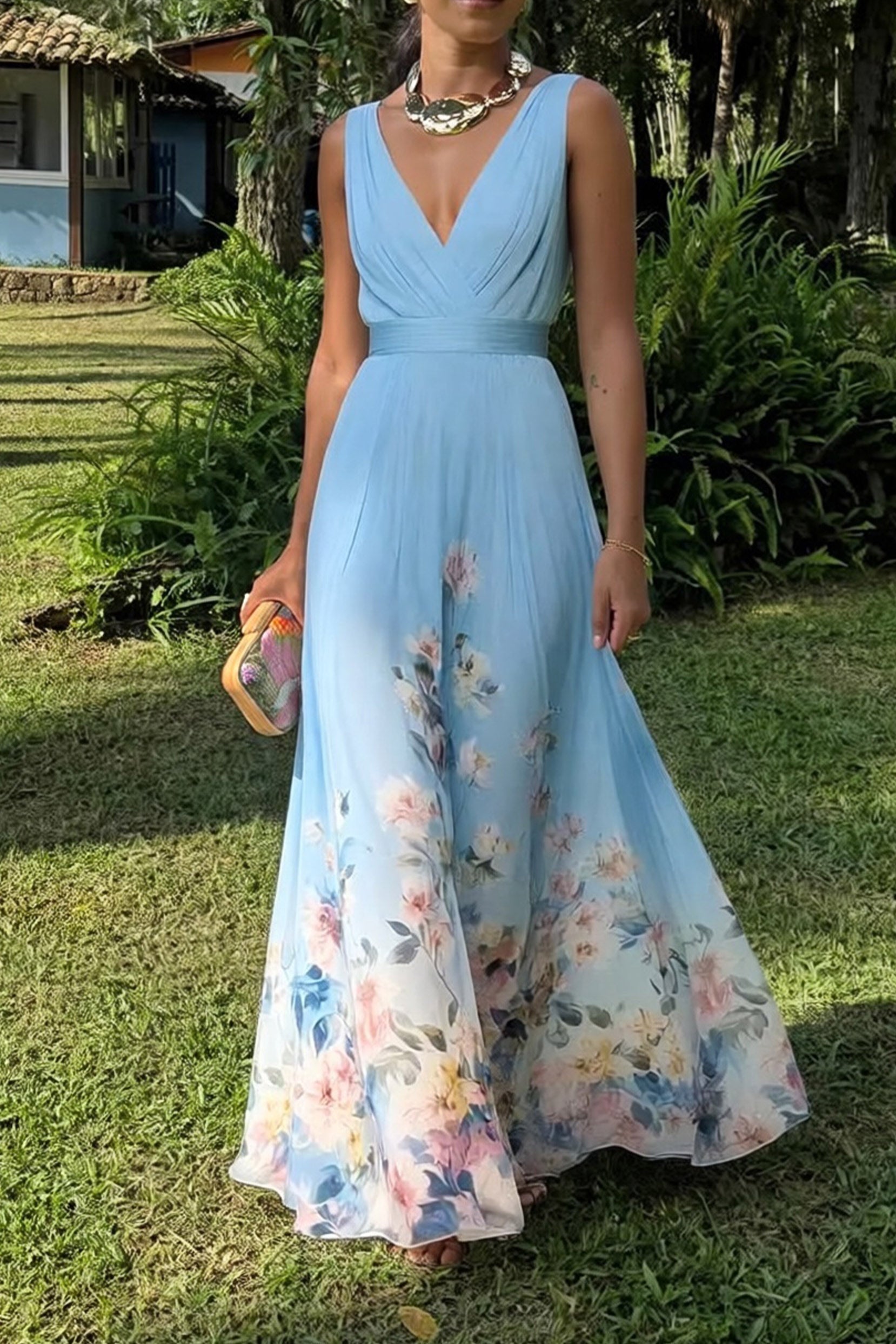 Navy Arabella A-Line Tea Length Chiffon Dress