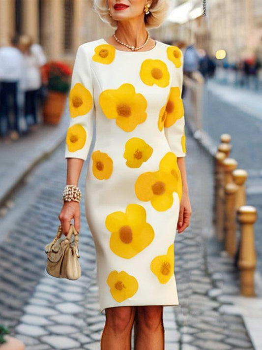 Three-Quarter Sleeves Flower Print Round-Neck Midi Dresses YELLOW-S