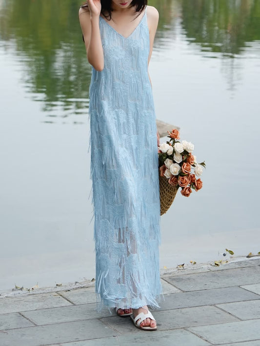 Light Blue French Fringe V‑Neck Slip Maxi Dress – Elegant Tassel Textured Camisole Dress - Blue Dress / L