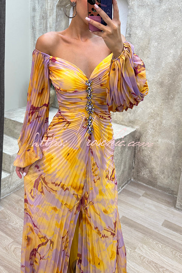 Red Sunset Serenade Printed Off Shoulder Diamond Embellished Pleated Slit Maxi Dress