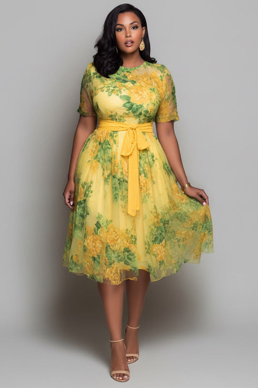 Xpluswear Design Plus Size Wedding Guest Yellow Floral Round Neck Short Sleeve Wrap Chiffon Midi Dresses [Pre-Order] Yel