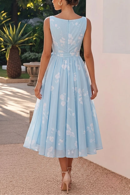 Sky Blue Adelaide Lace A-Line Tea Length Dress