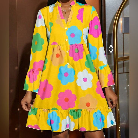 Spring Summer Casual Boho Dress With Floral Print And Notched Neckline Size 4 Sm | Color: Pink/Yellow | Size: 4
