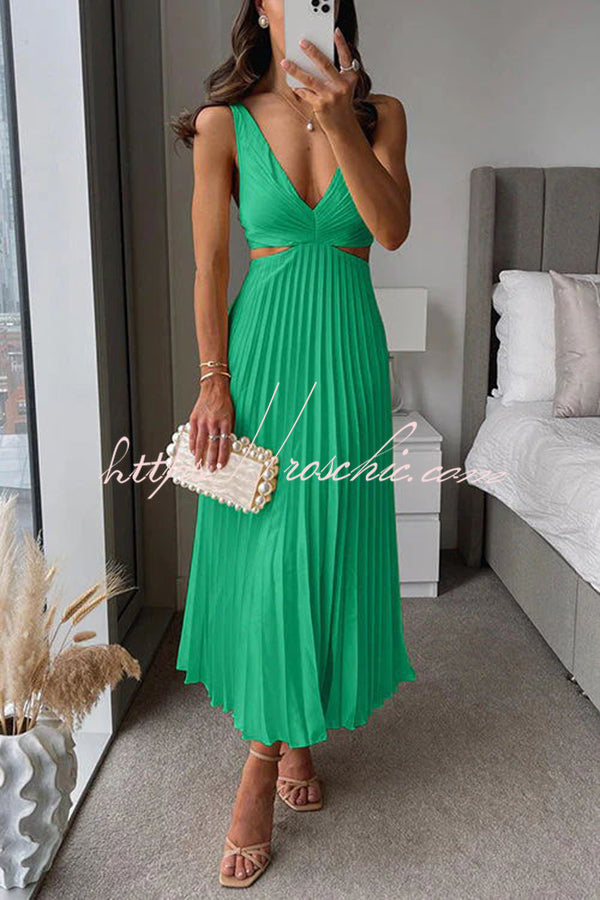 Black Summer Social Stain Pleated Cutout Waist Loose Midi Dress