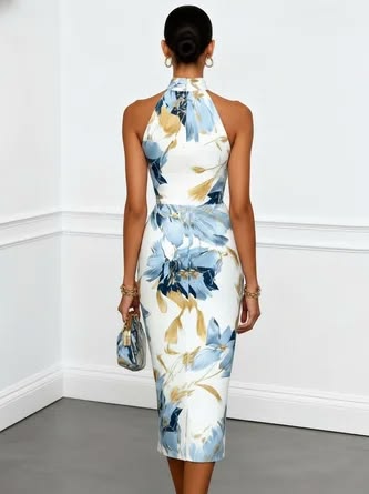 Blue Floral Satin Halter Sleeveless Sheath Midi Vacation Dress