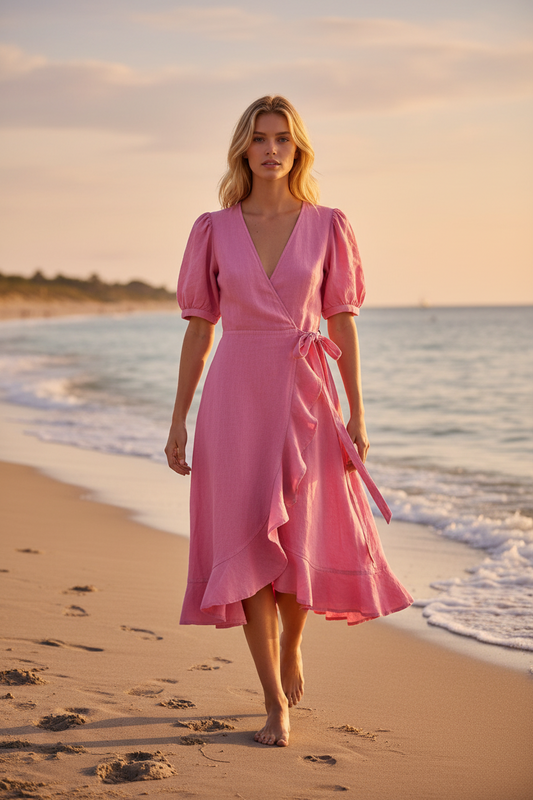 Pink Pink Linen Wrap Ruffled Hem Dress - XS / Pink