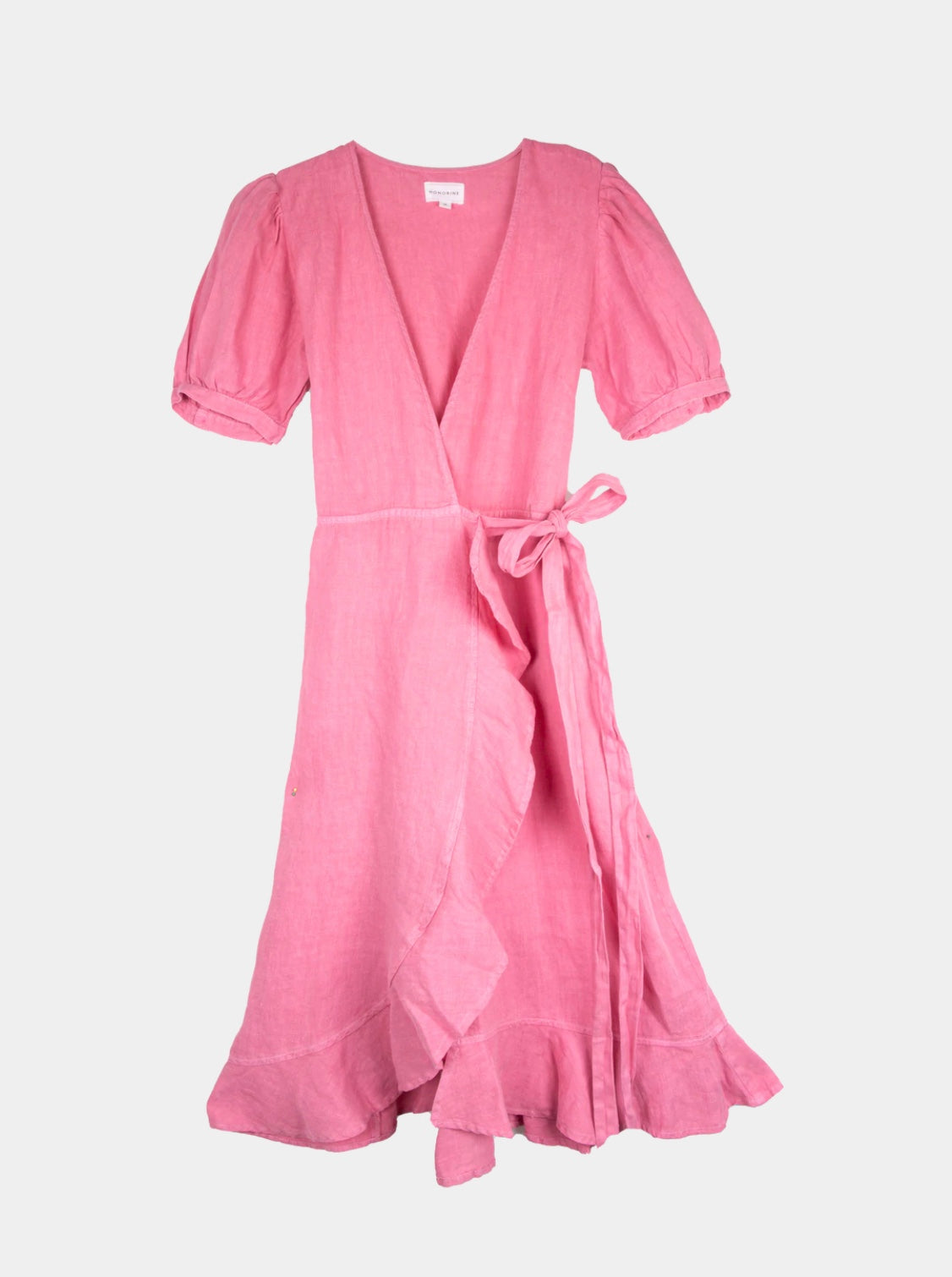 Pink Pink Linen Wrap Ruffled Hem Dress - XS / Pink