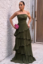 Strapless Ruched Tiered Pleated Chiffon Maxi Prom Dress
