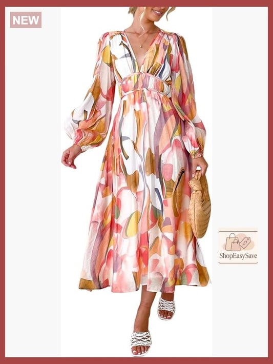 Floral Maxi Dress Long Sleeve V-Neck A-Line Formal Wedding Guest Elegant | Color: Pink | Size: Various