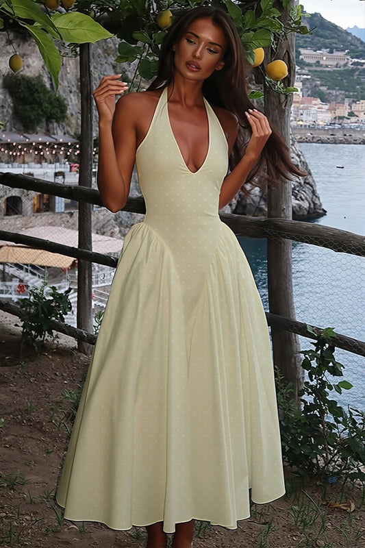 Yellow Vivienne Polka Dot Halter Maxi Dress