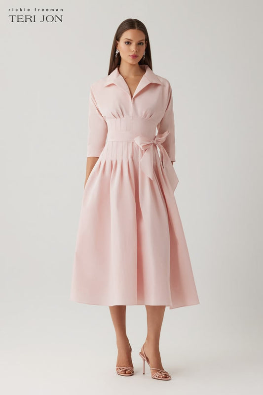 Taffeta Tea Length Shirt Dress (with Waist Seam Detail) - Light Pink / 2