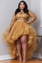 Xpluswear Design Plus Size Party Gold Round Neck Long Sleeve 3D Elegant High Low Hem Tulle Mini Dresses [Pre-Order] Gold