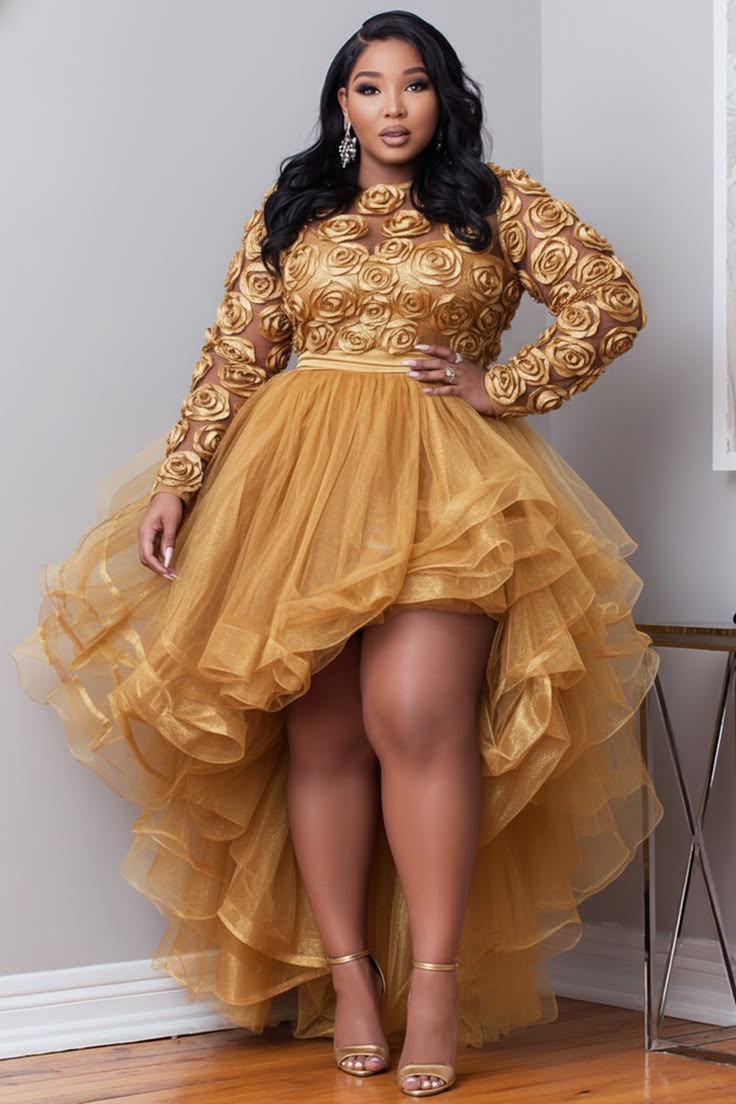Xpluswear Design Plus Size Party Gold Round Neck Long Sleeve 3D Elegant High Low Hem Tulle Mini Dresses [Pre-Order] Gold