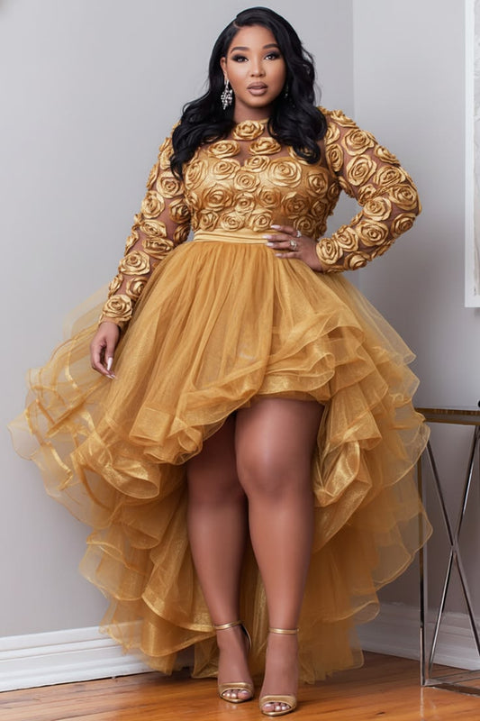 Xpluswear Design Plus Size Party Gold Round Neck Long Sleeve 3D Elegant High Low Hem Tulle Mini Dresses [Pre-Order] Gold