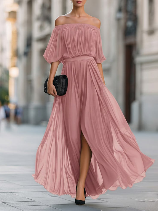 Arabella Off-Shoulder Pleated Chiffon Maxi Dress