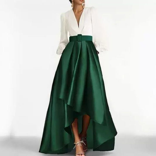 Arabella V-Neck Evening Dress in Emerald & Ivory
