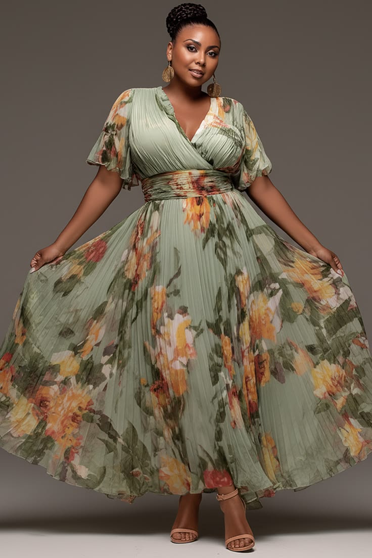 Xpluswear Design Plus Size Mother Of The Bride Sage Green Floral Wrap Neck Short Sleeve Pleated Chiffon Maxi Dresses [Pr