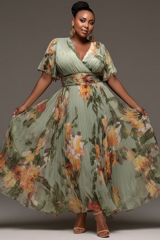 Xpluswear Design Plus Size Mother Of The Bride Sage Green Floral Wrap Neck Short Sleeve Pleated Chiffon Maxi Dresses [Pr