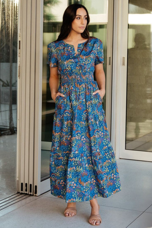 Palmer Tiered Maxi Dress in Cobalt Floral