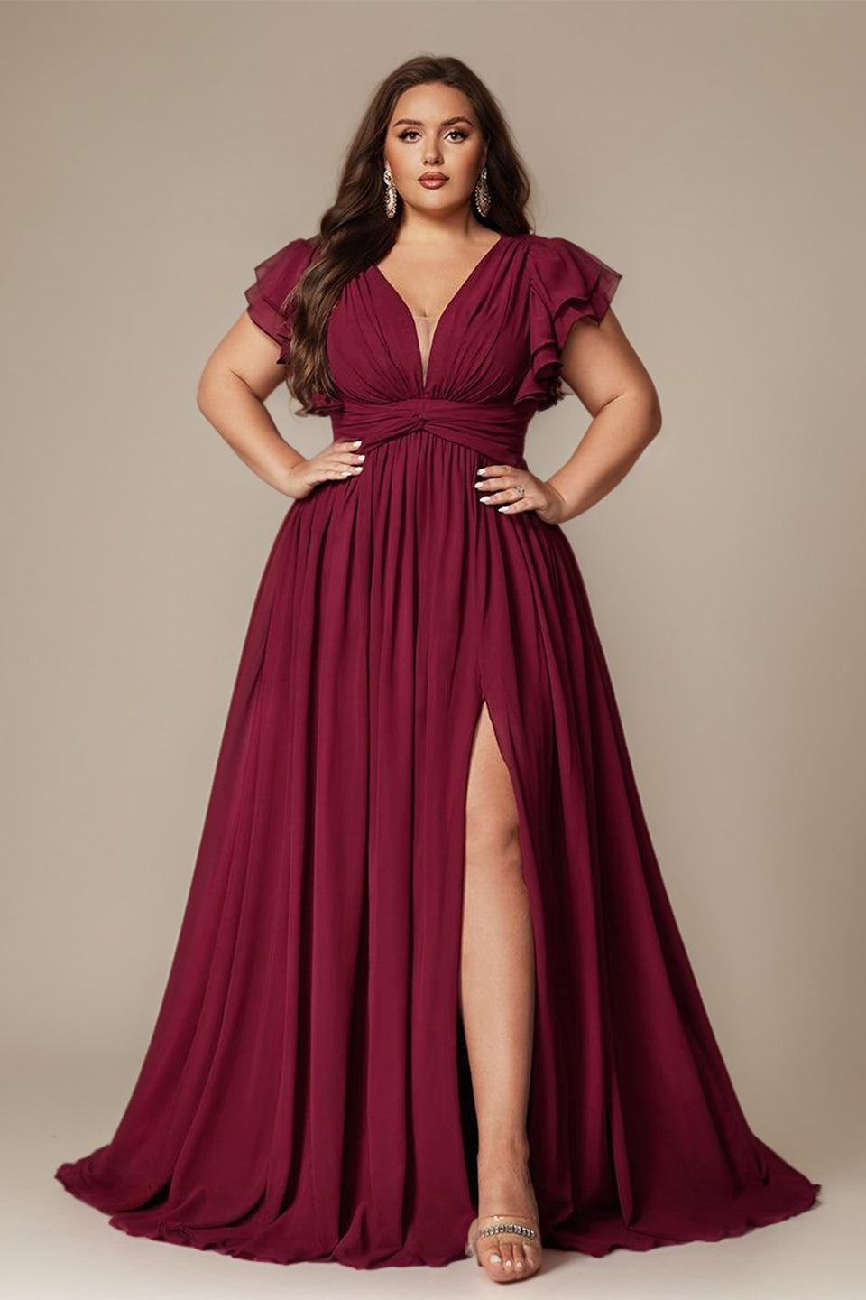 Yellow Curveins Plus Size V-Neck Ruffle Sleeve Split A-Line Maxi Dress - 28/5X / Brown