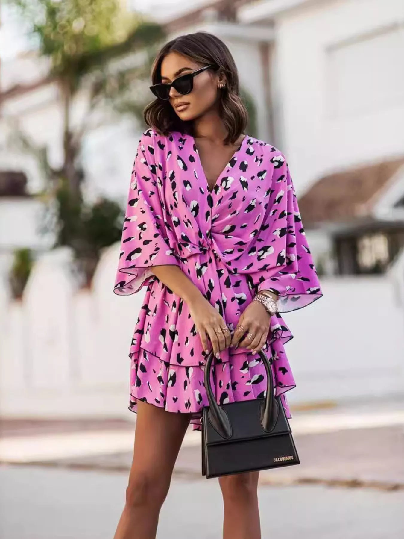 Vivid Violet Layered Printed Surplice Mini Dress - Fuchsia Pink / 2XL