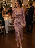 Melloday Dresses | Melloday Long Sleeve Pink Sequin V-Neck Midi Dress. Front Slit. Size Xs Nwot | Color: Pink | Size: Xs