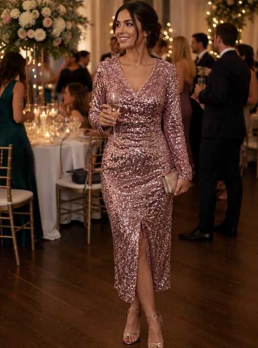 Melloday Dresses | Melloday Long Sleeve Pink Sequin V-Neck Midi Dress. Front Slit. Size Xs Nwot | Color: Pink | Size: Xs