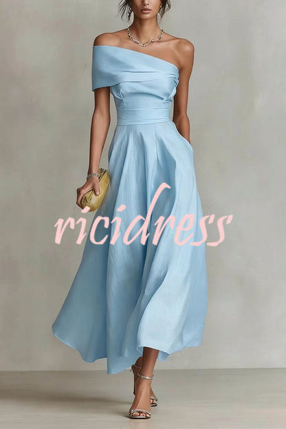 Khaki Margot One-Shoulder A-Line Midi Dress