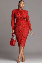 Xpluswear Design Plus Size Business Casual Purple Striped Wrap Neck Long Sleeve Ruffled Elegant Midi Dresses