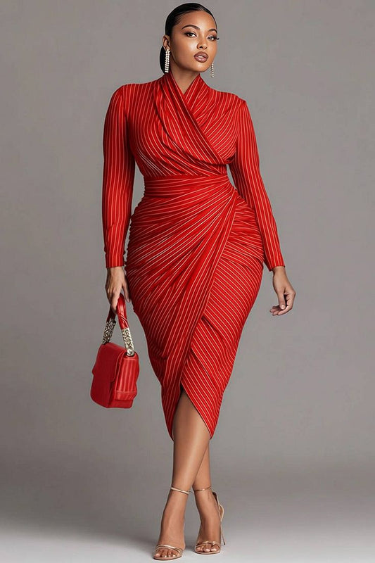 Xpluswear Design Plus Size Business Casual Purple Striped Wrap Neck Long Sleeve Ruffled Elegant Midi Dresses