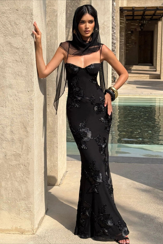 Black Evangeline 3D Appliqué Prom Dress