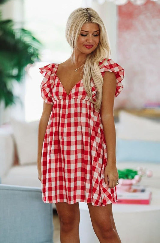 To Be Loved By You Plaid Babydoll Dress - Red and White - XLarge