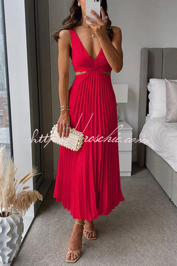Rose red Summer Social Stain Pleated Cutout Waist Loose Midi Dress