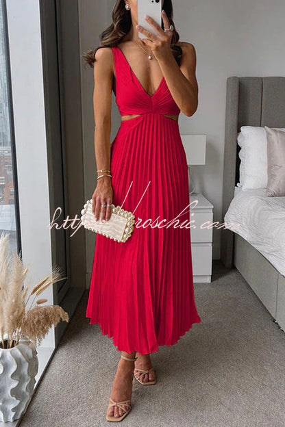 Black Summer Social Stain Pleated Cutout Waist Loose Midi Dress