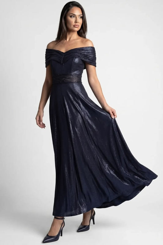 Iris Navy Off-Shoulder Maxi Gown | Beaded Waist