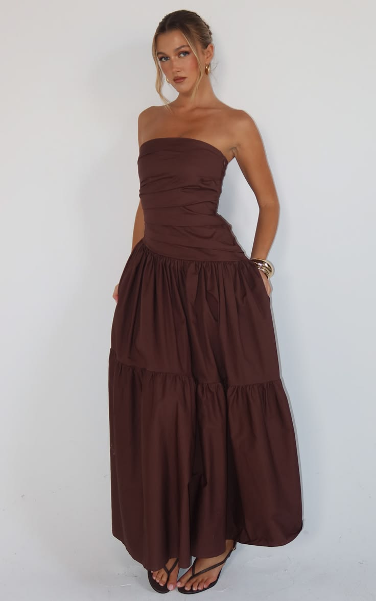 Cora Strapless Midi Dress in Chocolate