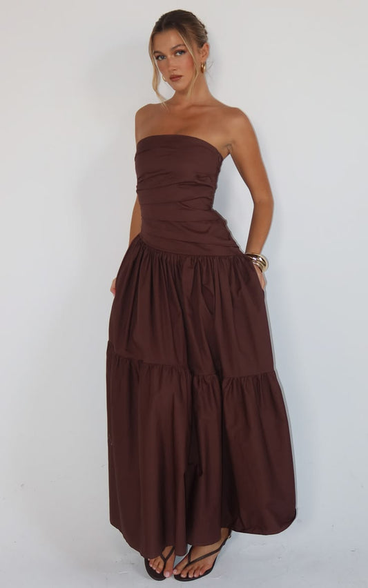 Cora Strapless Midi Dress in Chocolate